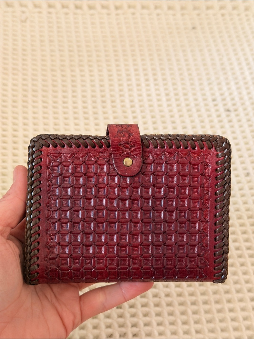 Handwoven Leather Wallet in Deep Red